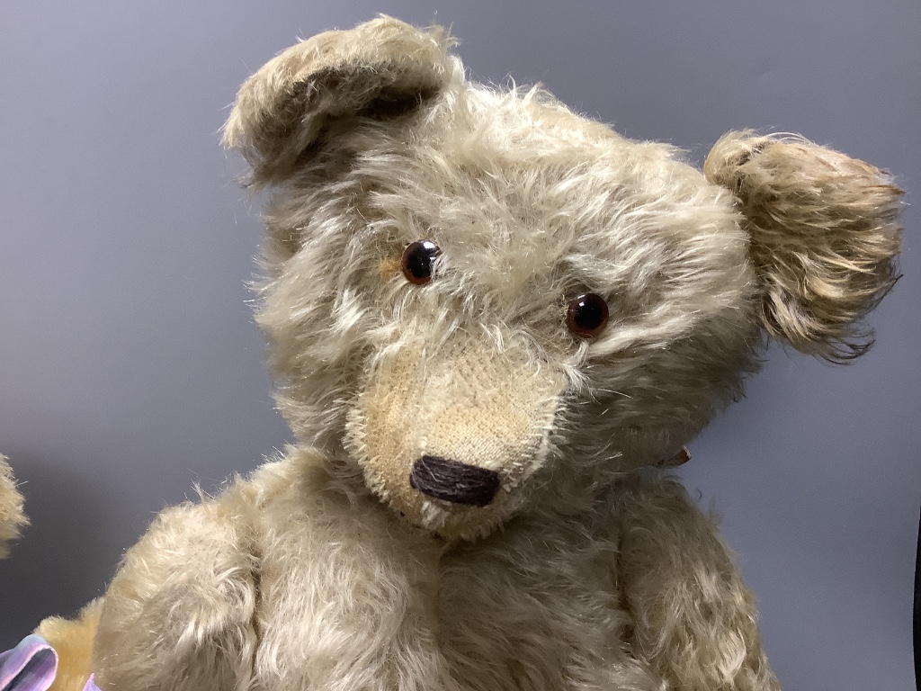 A vintage large plush jointed teddy bear with glass eyes and long muzzle, a later smaller jointed bear and a similar miniature bear, length 58cm